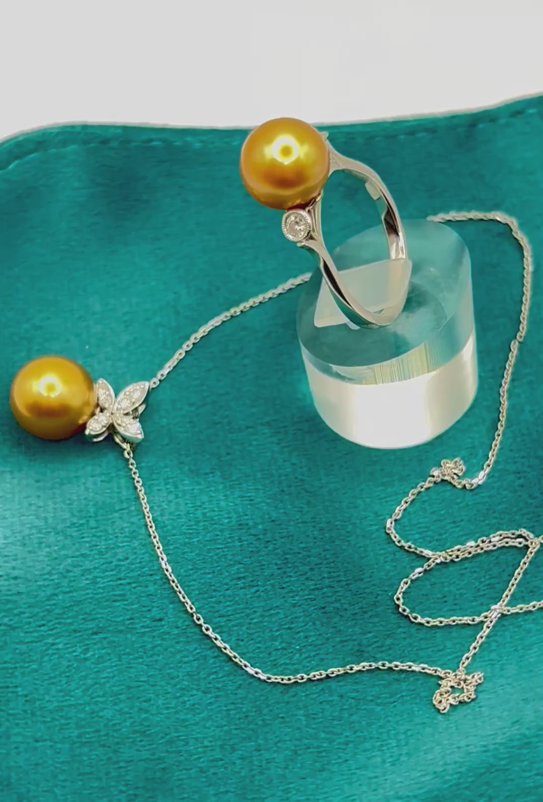 Golden South Sea Pearl and Diamond Necklace and Ring Suite 18K