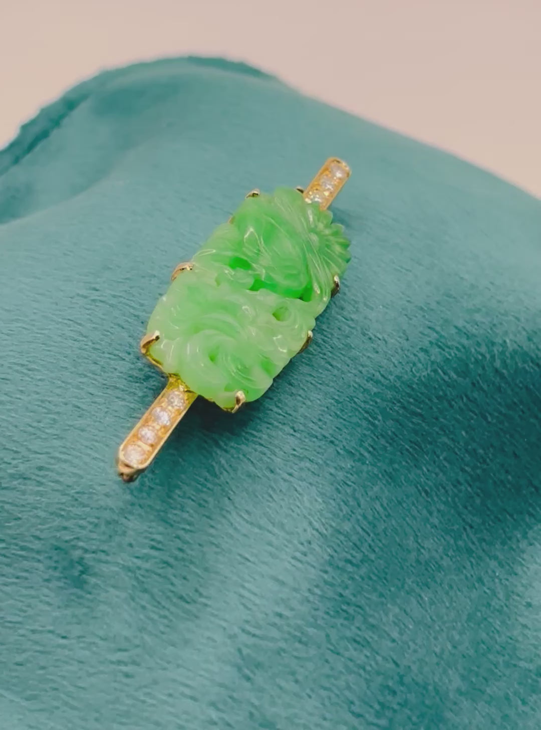 Natural Jadeite Jade and Diamond Brooch, Chinese Carved Jade & Gold, GCS Tested