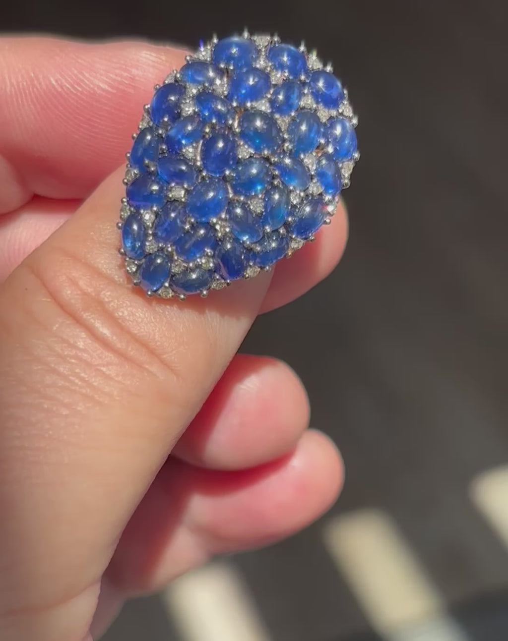 Natural Sapphire Cabochon and Diamond Statement Cocktail Ring, 13 Carats of Sapphires, 18K Gold & Silver