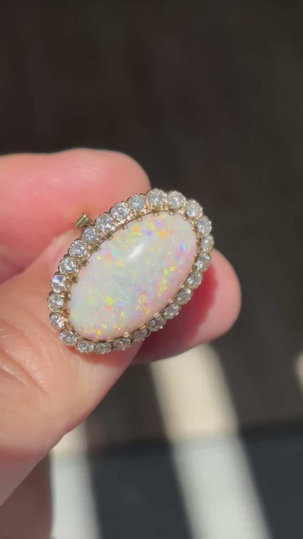 Vintage Large 8.50 carats Australian White Opal Diamond Cluster Ring in 18K Gold