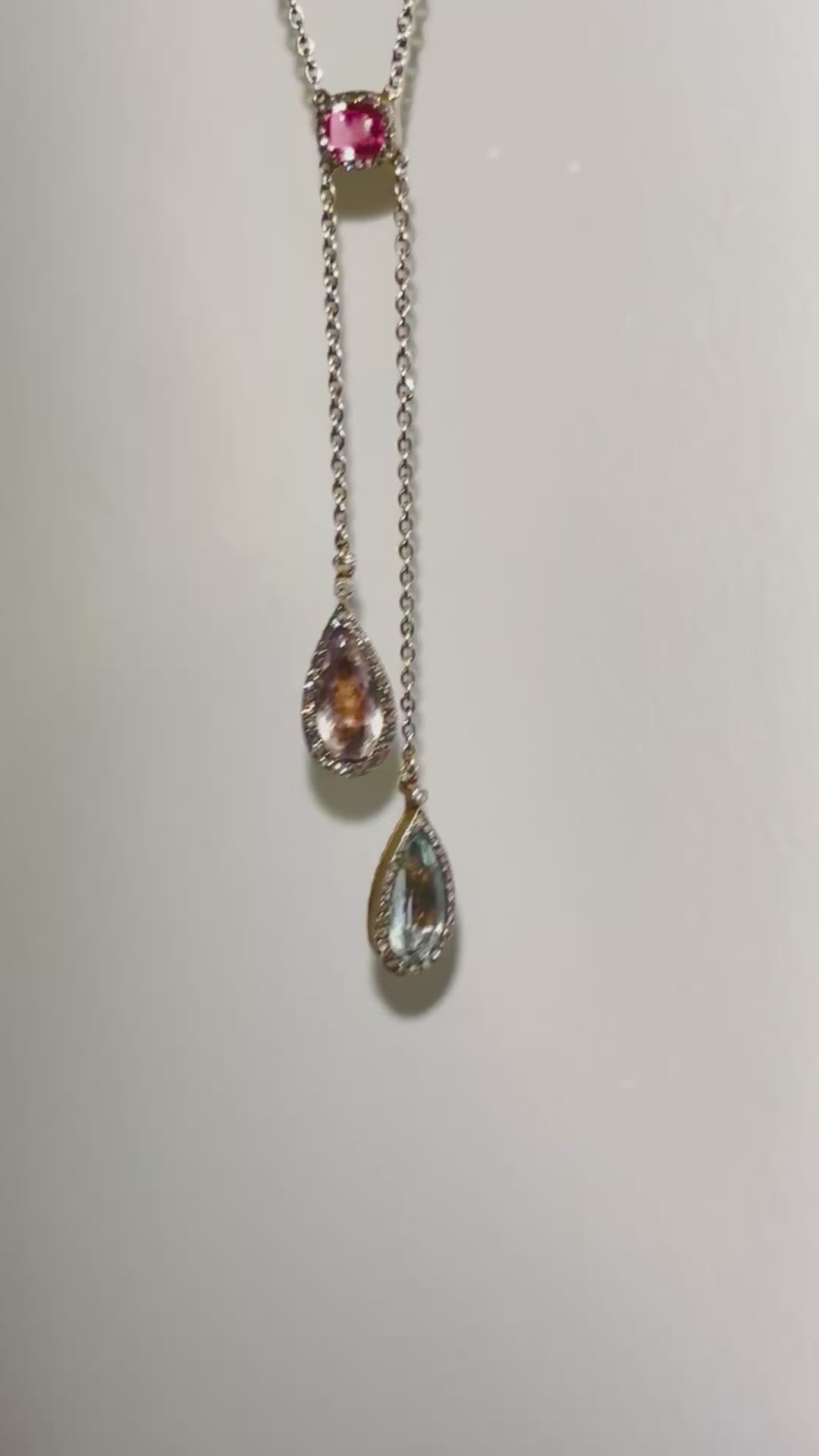 Antique French Edwardian Aquamarine, Pink Tourmaline, Morganite Diamond Negligee Necklace