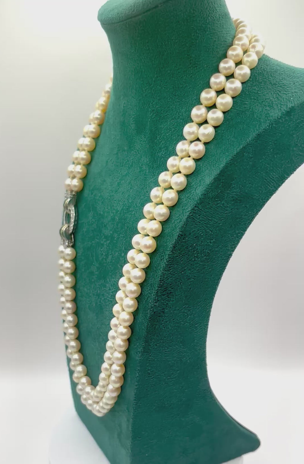 Exceptional Mid-Century Double-Strand Akoya Pearl Necklace 18K Gold Emeralds and Diamonds