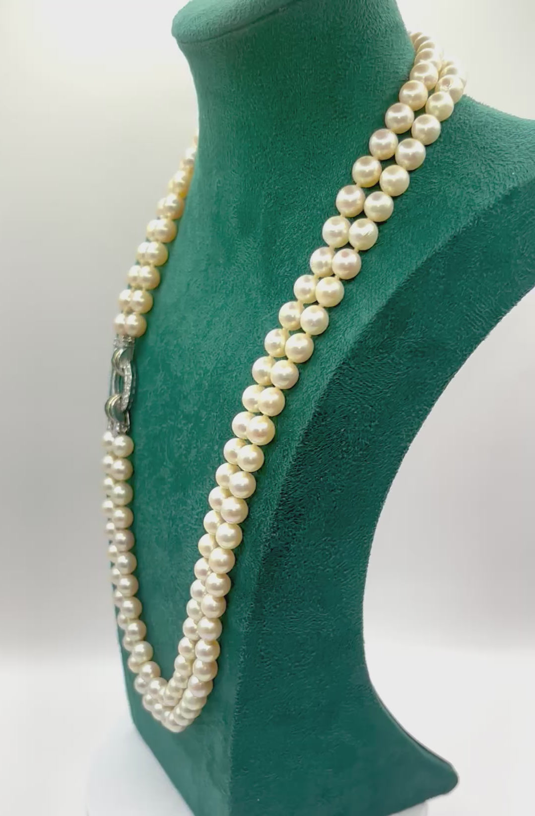 Exceptional Mid-Century Double-Strand Akoya Pearl Necklace 18K Gold Emeralds and Diamonds