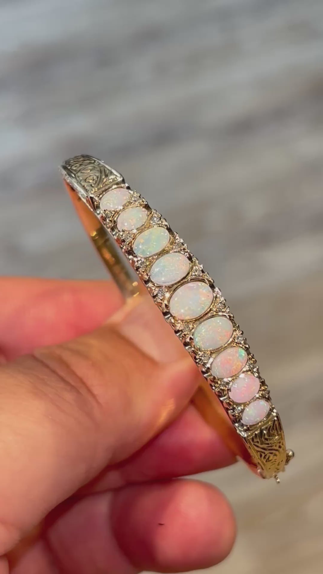 Vintage English 9 Carat Gold Opal and Diamond Victorian Revival Hinged Bangle Bracelet, London Hallmarks