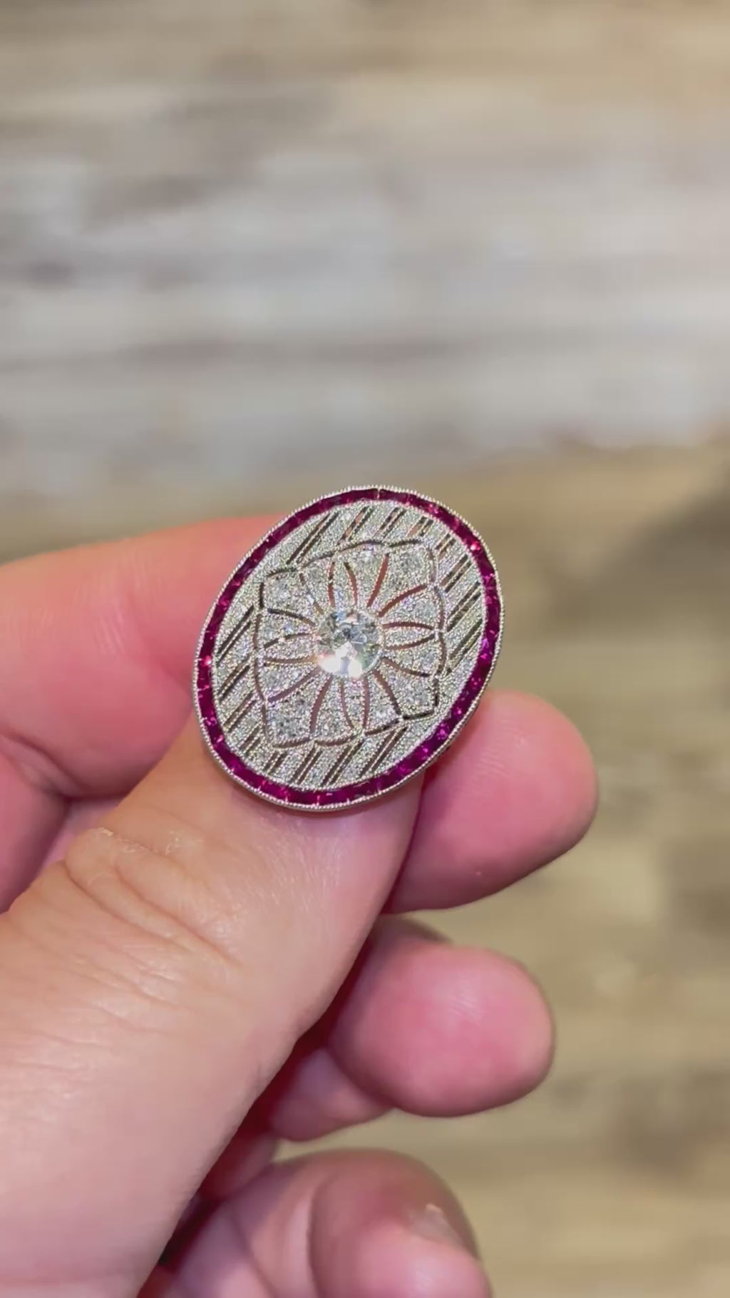 Art Deco Style Platinum Diamond, Calibre Ruby Plaque Ring, Old European Diamond 0.57 carats - overall diamond carat weight 2.07