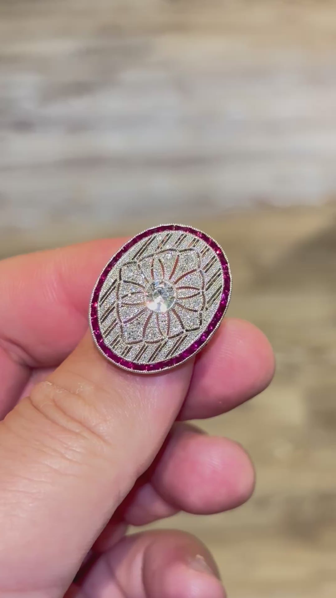 Art Deco Style Platinum Diamond, Calibre Ruby Plaque Ring, Old European Diamond 0.57 carats - overall diamond carat weight 2.07