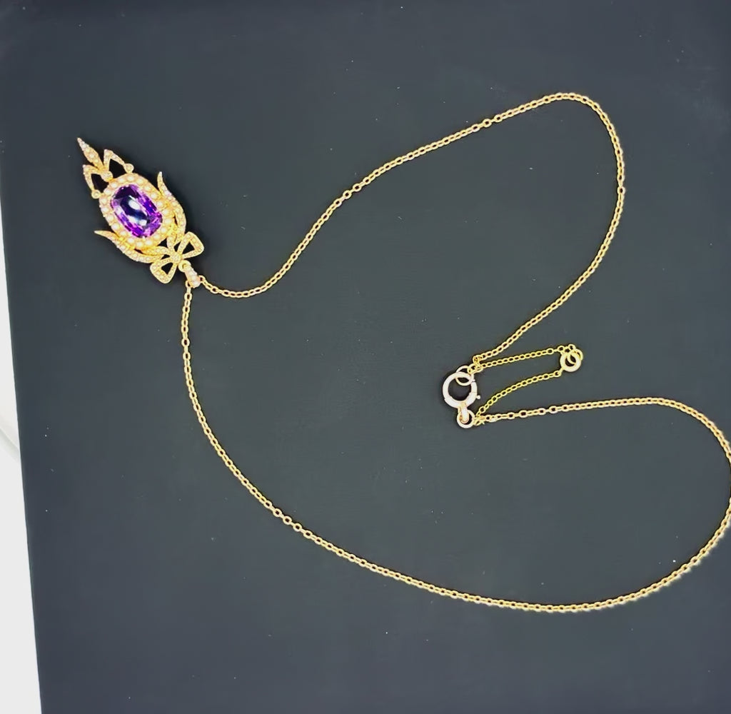 Antique Edwardian Amethyst Pearl Diamond Pendant Necklace in Gold.
