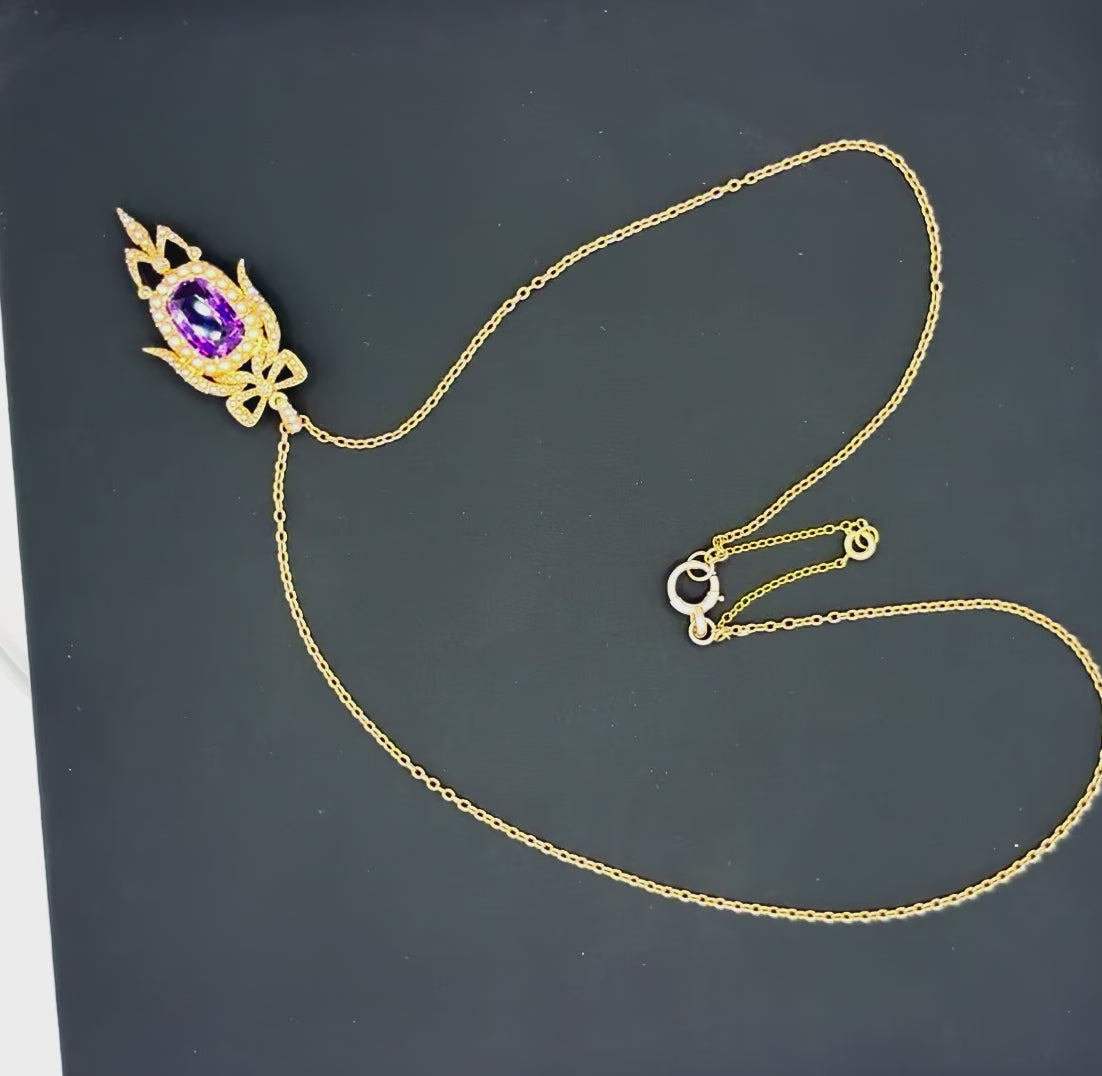 Antique Edwardian Amethyst Pearl Diamond Pendant Necklace in Gold.