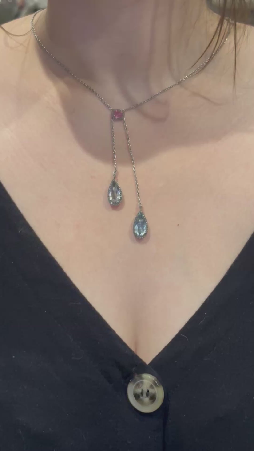 Antique French Edwardian Aquamarine, Pink Tourmaline, Morganite Diamond Negligee Necklace