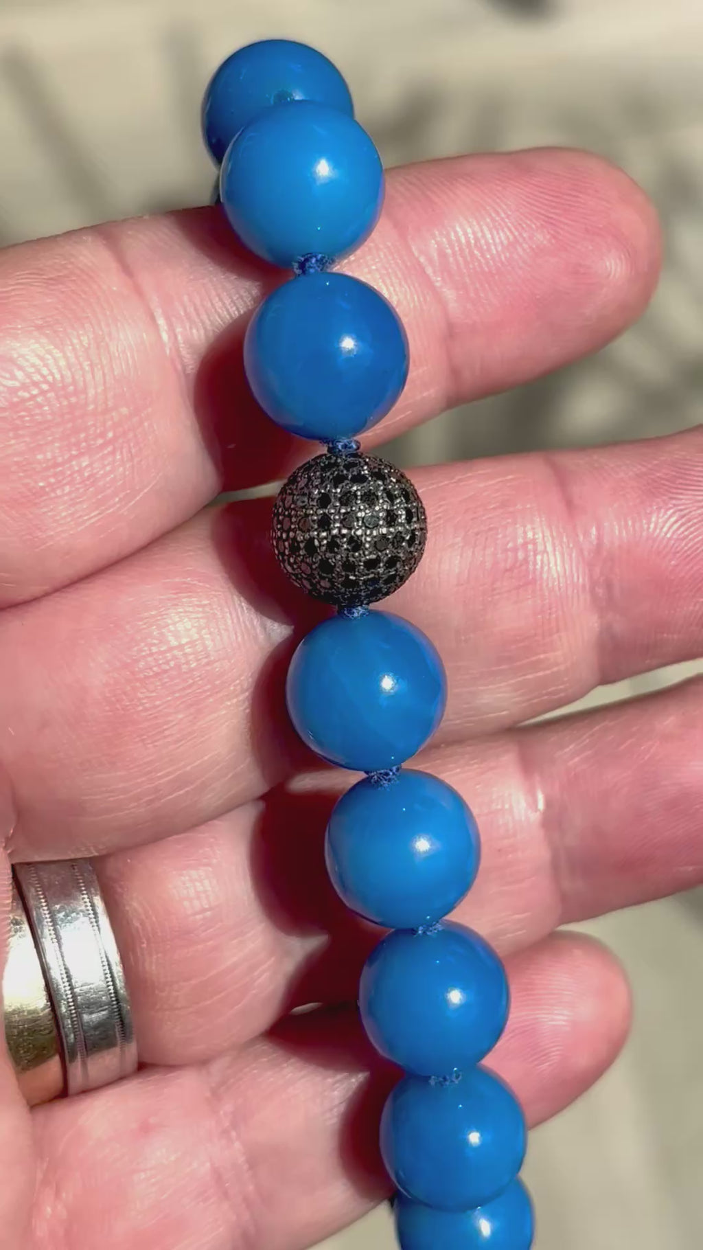 Blue Agate Bracelet with Black Diamond Pavé Sterling Silver Enhancer | 14mm Beads | 41g