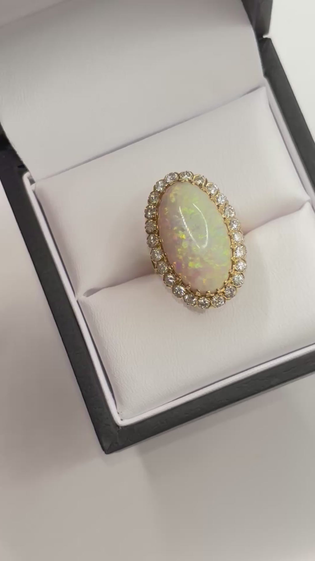 Vintage Large 8.50 carats Australian White Opal Diamond Cluster Ring in 18K Gold