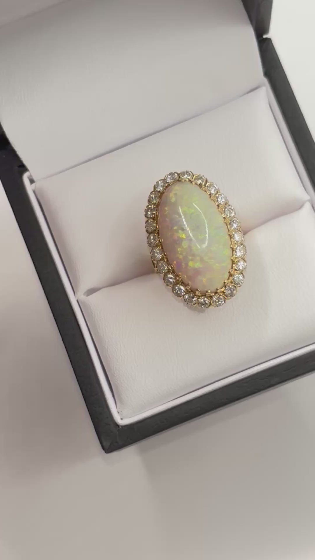 Vintage Large 8.50 carats Australian White Opal Diamond Cluster Ring in 18K Gold