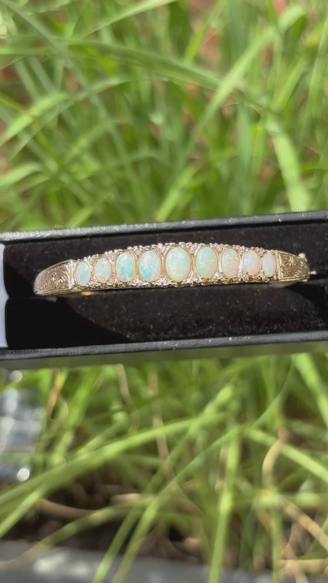 Vintage English 9 Carat Gold Opal and Diamond Victorian Revival Hinged Bangle Bracelet, London Hallmarks