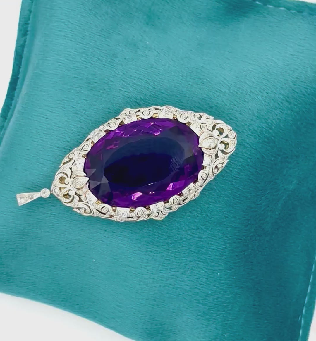 Edwardian Platinum-Topped Gold Convertible Brooch Pendant with Monumental Oval Amethyst and Old-Cut Diamonds, Circa 1900–1915
