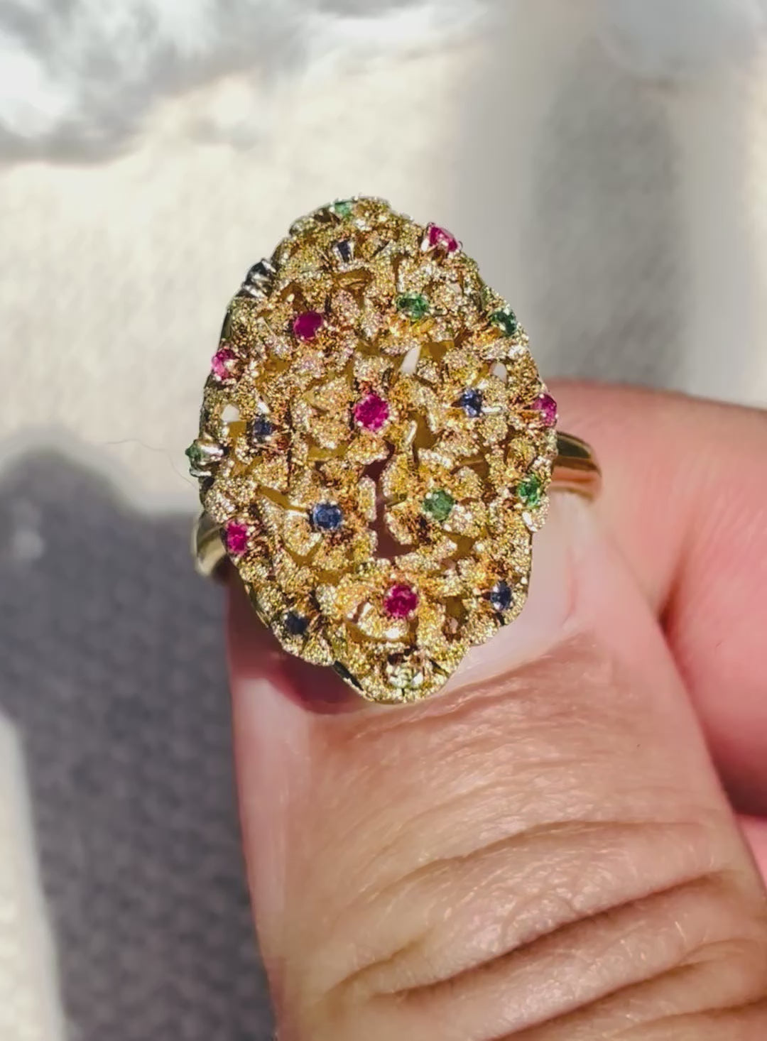 Vintage 18 Karat Gold 21 Flower Ruby Sapphire Emerald Sculptural Ring
